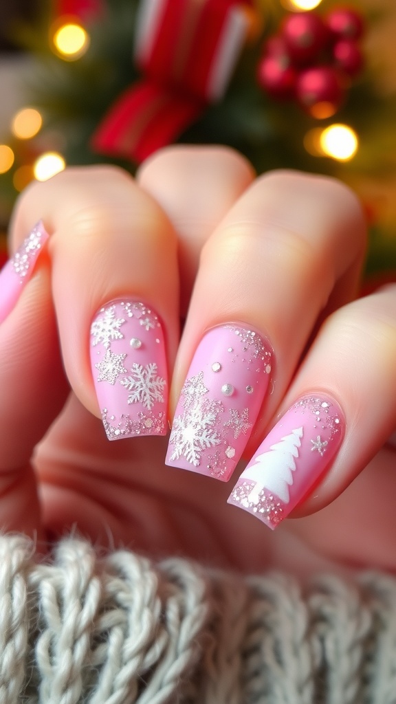 Short pink Christmas nails with glitter and festive designs.